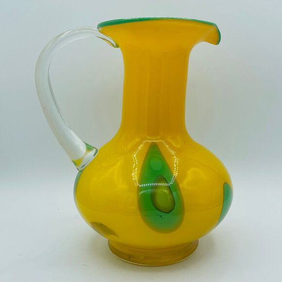 Large Vintage Hand Blown Glass Pitcher Bright Yellow & Green Mid-Century 1960s - Picture 4 of 12